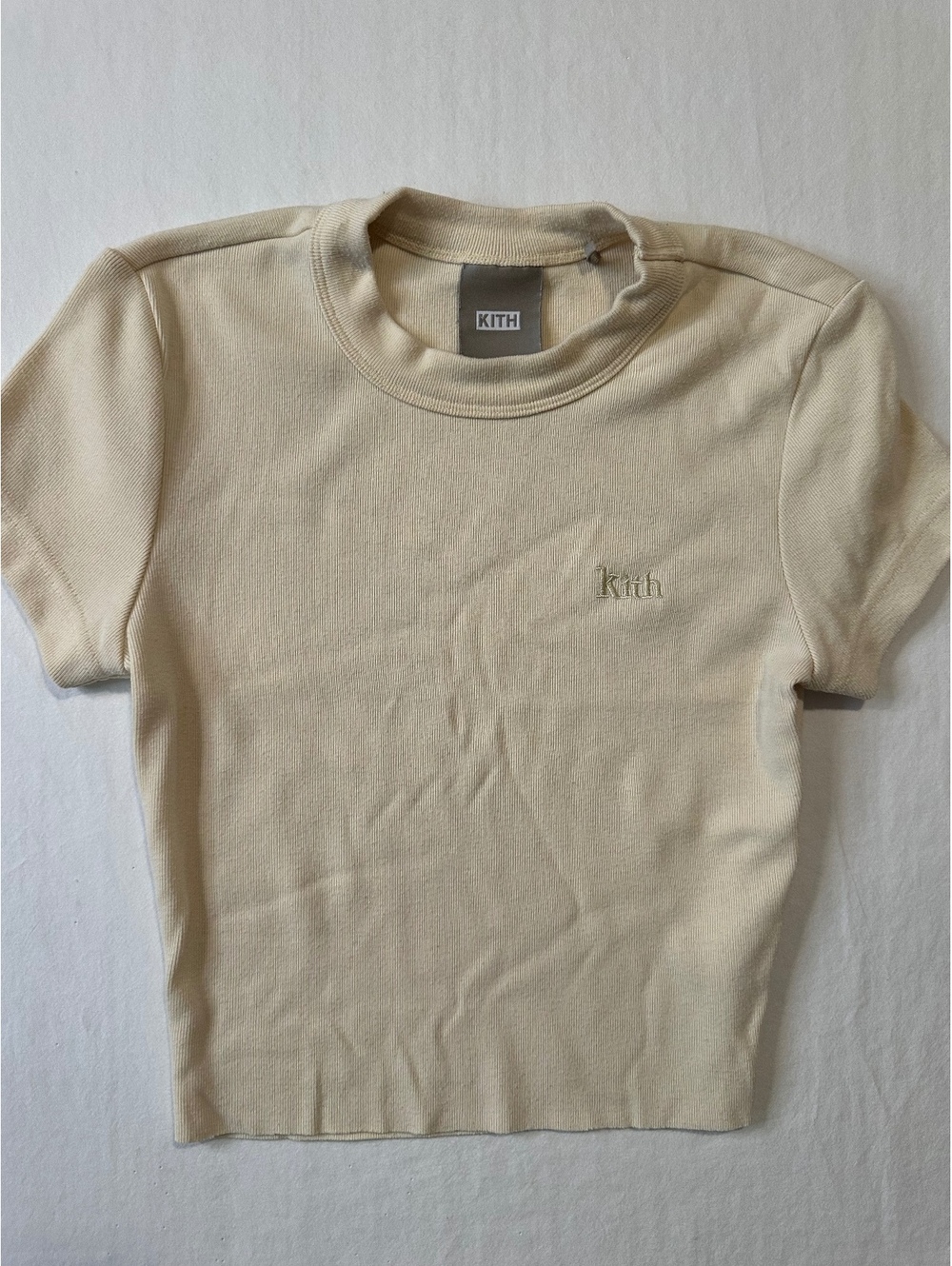 Kith Women’s Ribbed Cropped T Shirt Cream Beige Short Sleeve Logo Small